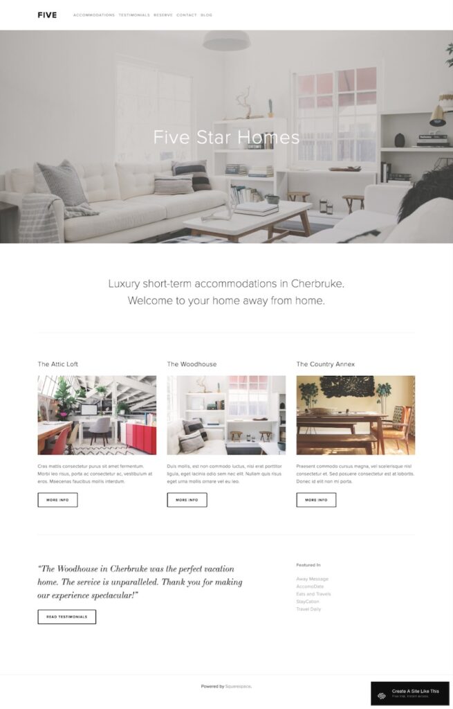 Five (Demo) template with an example site for a realtor page. 