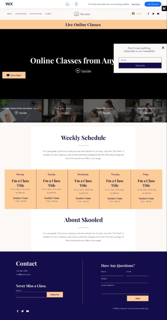 Wix Online School template for a course website. 