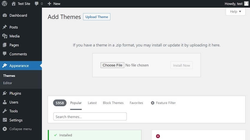 WordPress appearance menu with the add themes upload screen. 