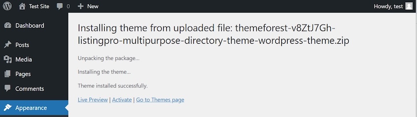 Installing theme from an uploaded file in the WordPress appearance menu. 