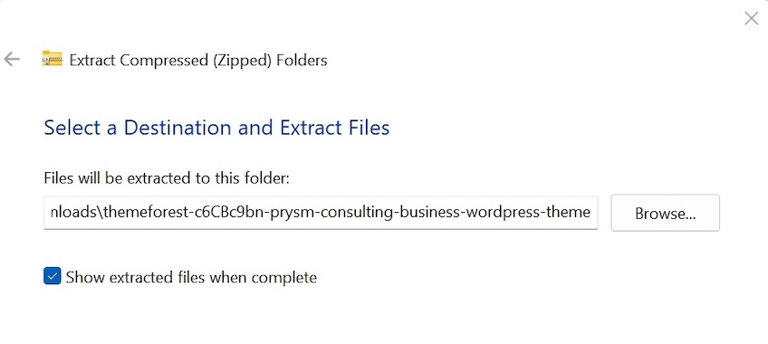 Window to select destination and extract files with a file selected. 