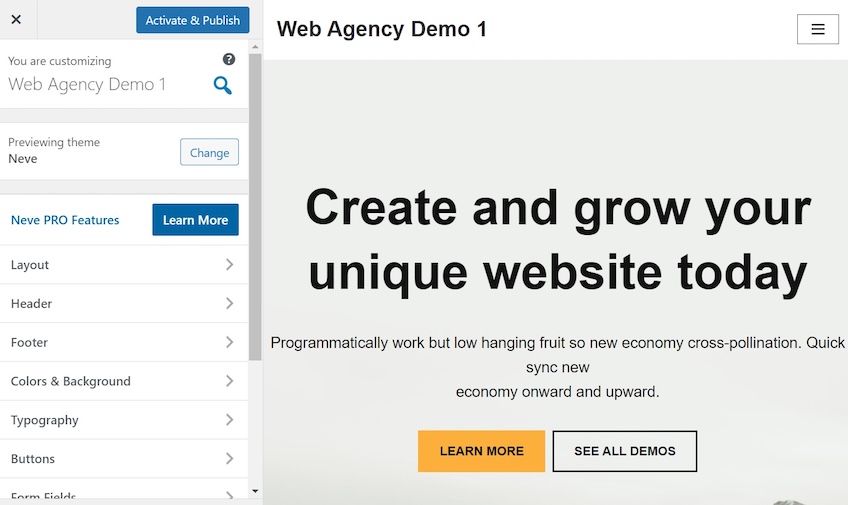 Web Agency Demo 1 site with the Neve theme activated. 