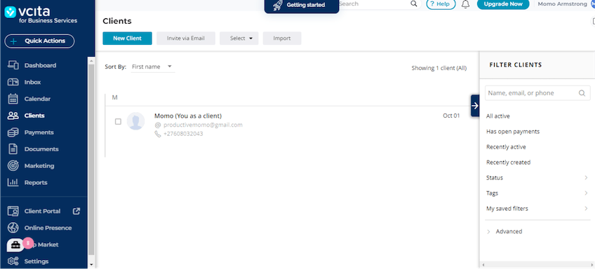 vcita clients dashboard