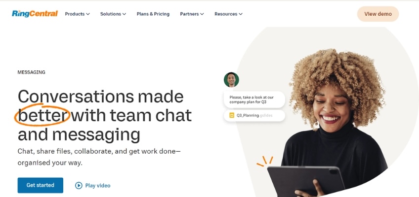 RingCentral messaging landing page with a button to get started. 