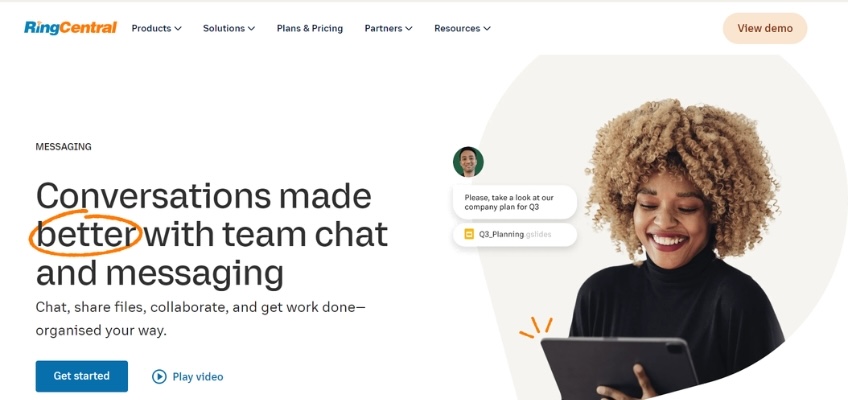 RingCentral messaging landing page with a button to get started.