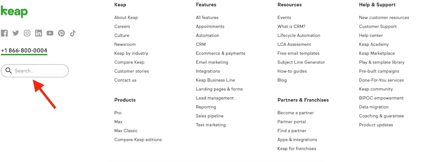 Keap footer menu with red arrow pointing to search feature. 