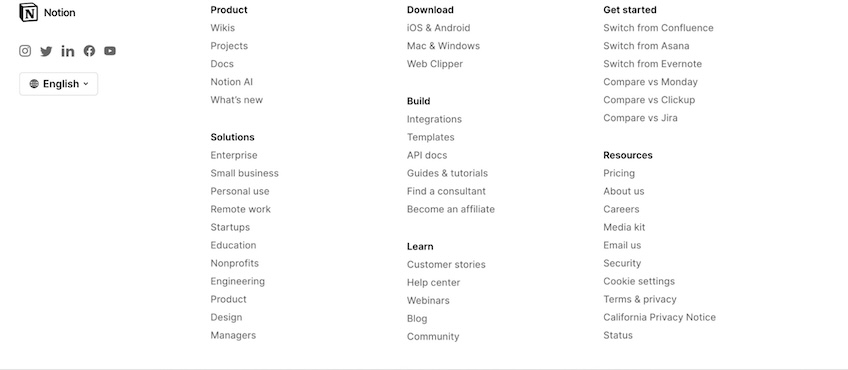 Screenshot of Notion footer menu. 