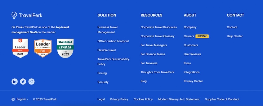 Screenshot of TravelPerk footer menu. 