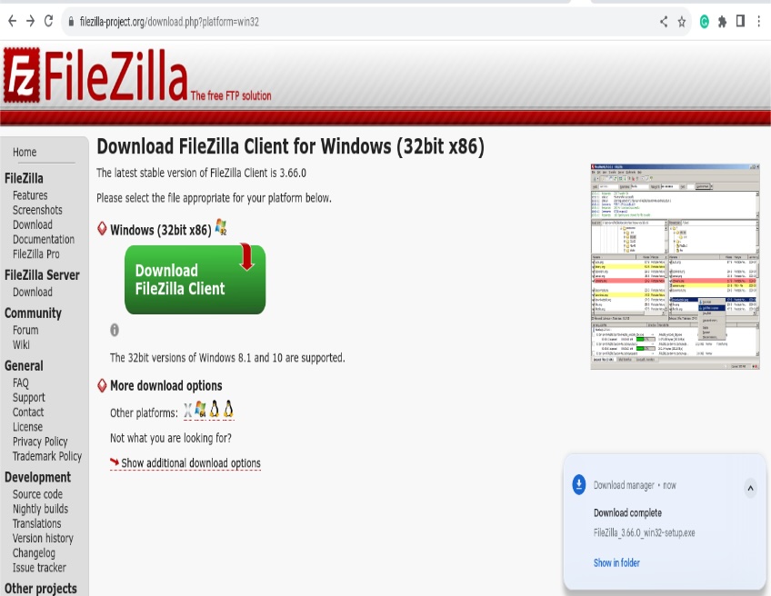 FileZilla download page. 