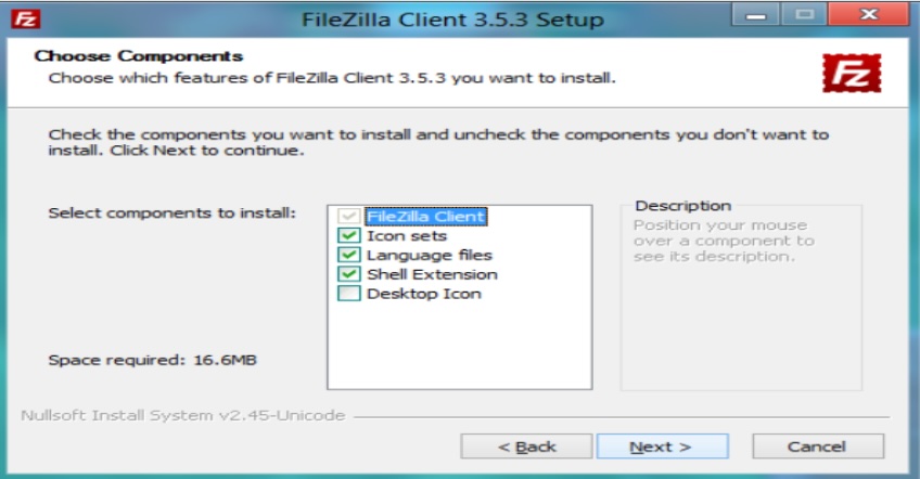 FileZilla client setup window. 