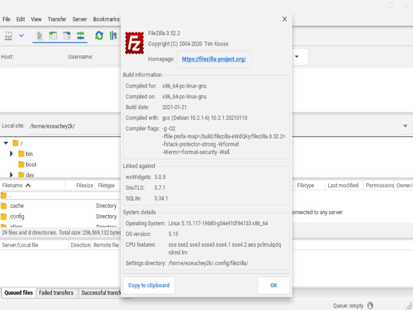 FileZilla about screen. 