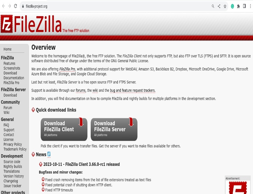 FileZilla overview page. 