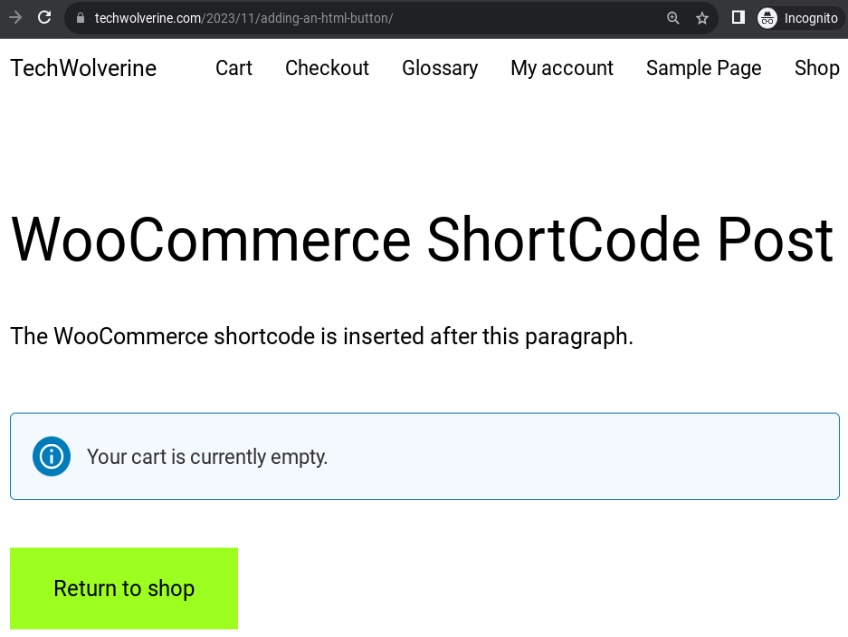 Example page with a message the cart is currently empty. 