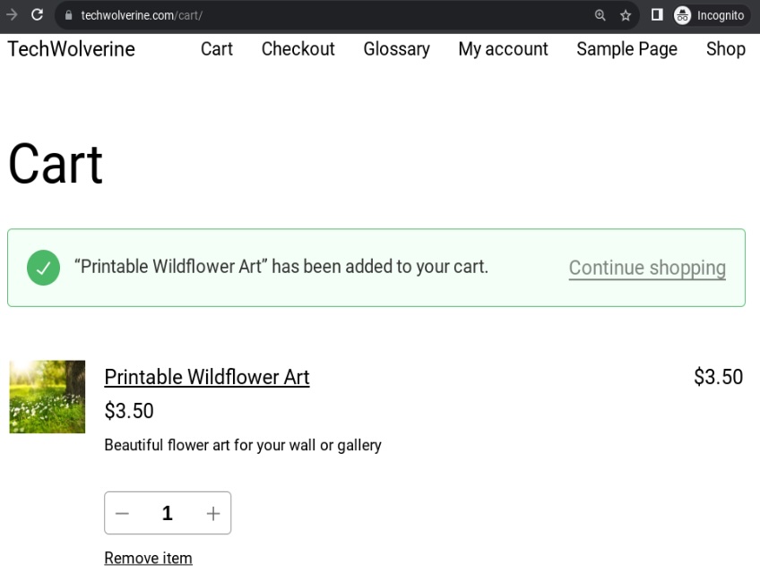 WooCommerce cart example with one product added. 