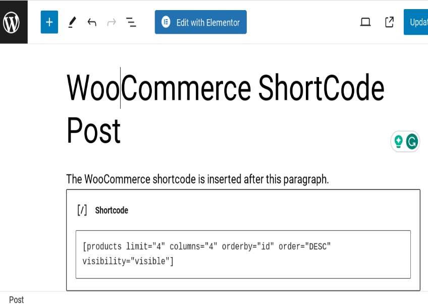 WordPress editor with a shortcode block filled in with shortcode example. 