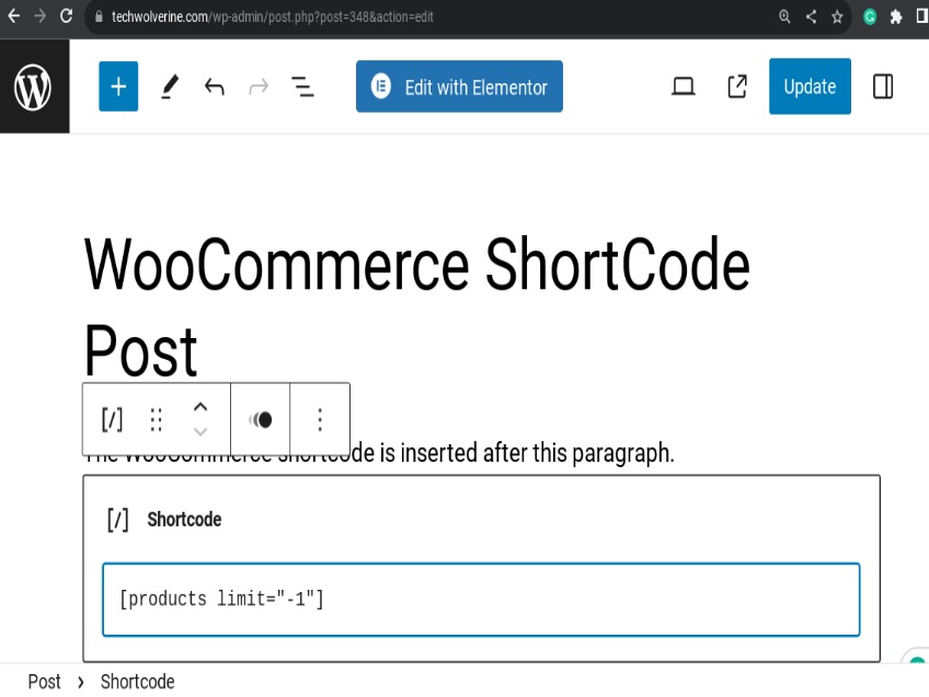 Shortcode block in WordPress editor with shortcode pasted into the block. 