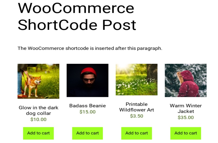 Example post with four different products shown with add to cart buttons. 