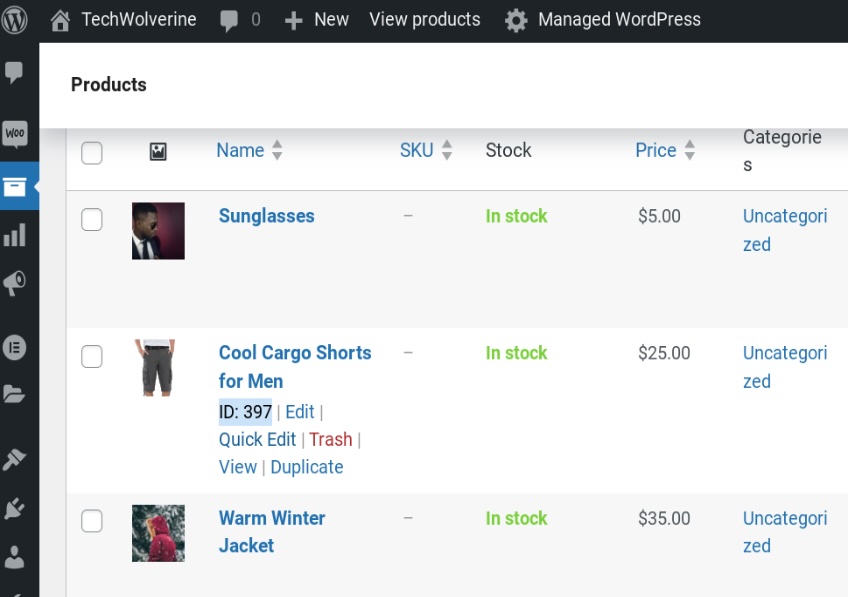 List of three products shown in WordPress. 