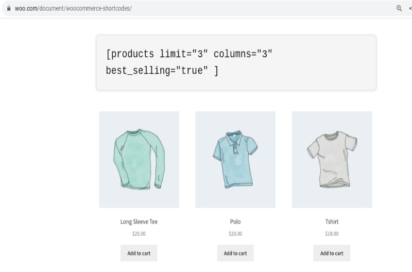 Example of WooCommerce short code on a page with three products. 