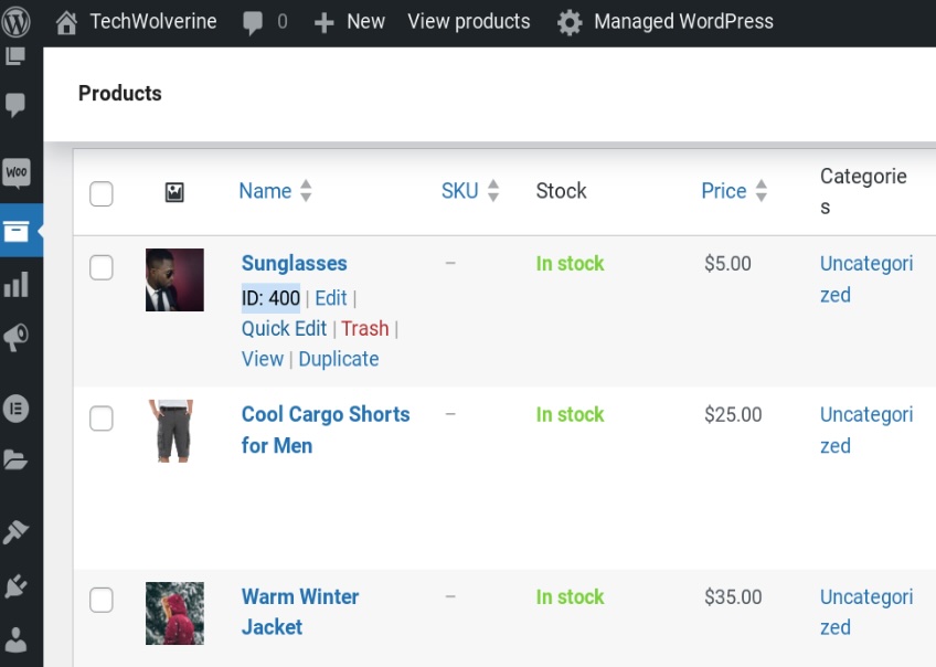 Products list shown in WordPress. 