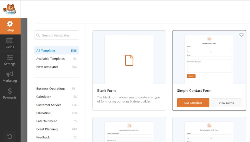 The WP Forms template list, including a blank form and simple contact form.