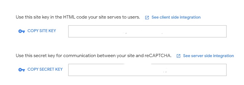 A screenshot showing a site key and secret key from Google’s reCAPTCHA.