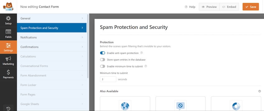 The Spam Protection and Security function of WPForms.