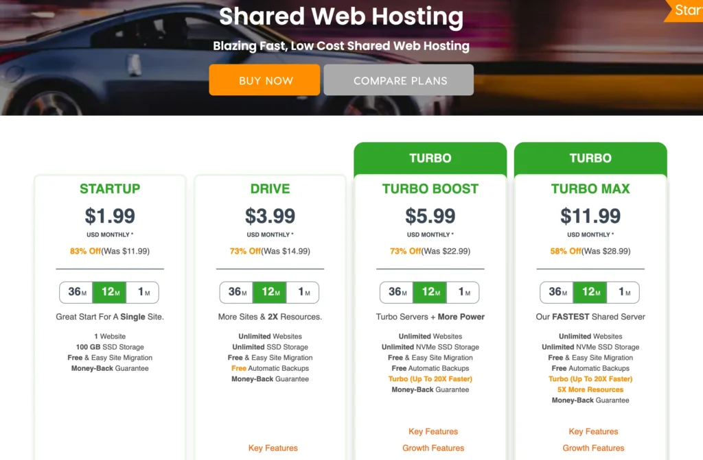 A2 shared hosting pricing page