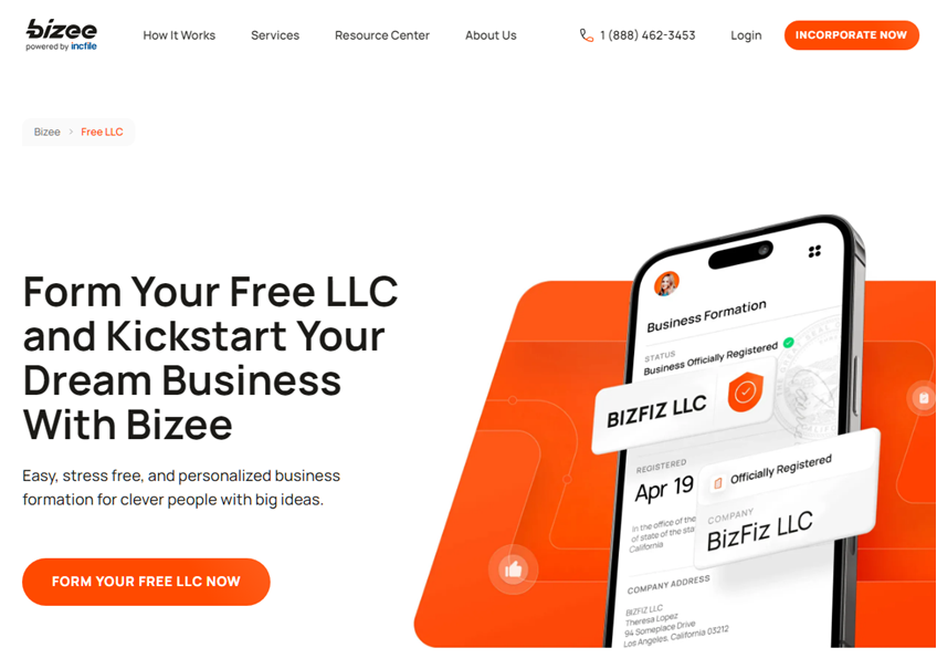 Screenshot of Bizee's free LLC formation page. Shows a mobile phone on a red background on the right. Text says Form Your Free LLC and Kickstart Your Dream Business with Bizee
