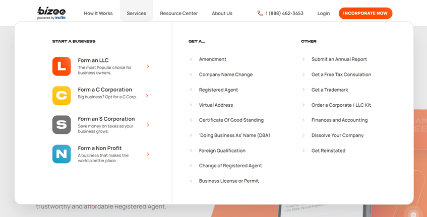 Screenshot of Bizee's services options