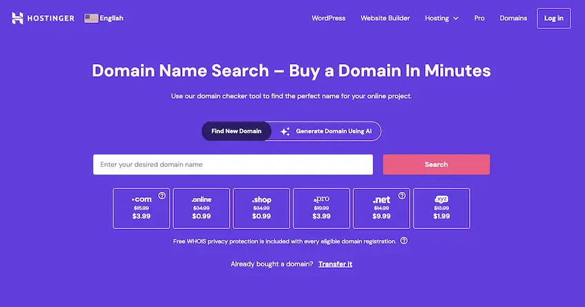 Hostinger's domain name search landing page
