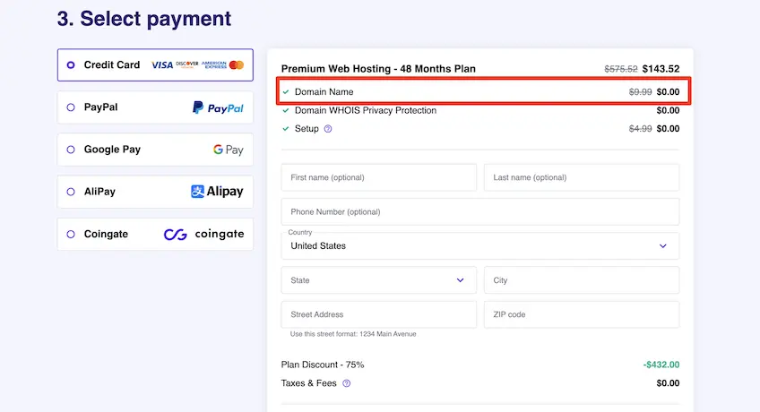 Screenshot of Hostinger's checkout page, with a domain name for $0 highlighted in the cart