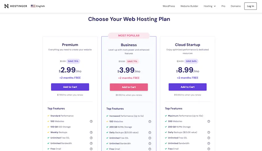 Hostinger web hosting pricing table, showing three plan names with rates and features