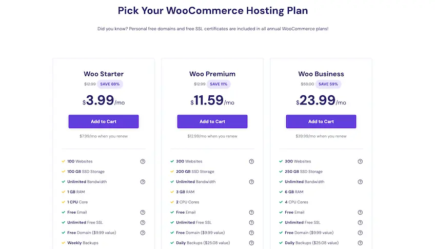 Hostinger's WooCommerce Hosting pricing table showing three plans with rates and features