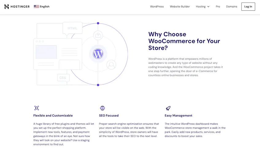 Hostinger's WooCommerce hosting landing page showing reasons to use WooCommerce for an online store