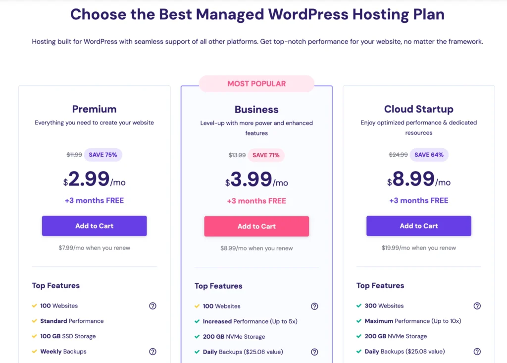 Hostinger managed WP pricing page