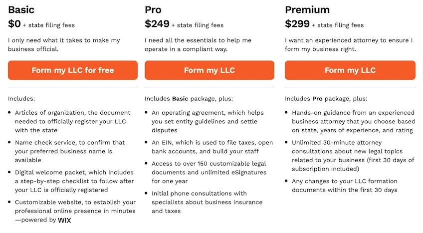 LegalZoom pricing - Basic plan $0 plus state fees, Pro plan $249 plus state fees, Premium plan $299 plus state fees