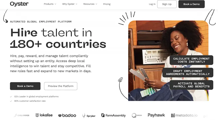 Oyster homepage showing the ability to hire talent in over 180 countries with a woman smiling on the page