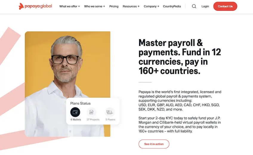 Papaya Global homepage with a man wearing glasses in a white button-down shirt, highlighting its ability to run payroll in over 160 countries