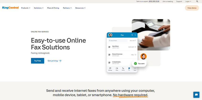 RingCentral's online faxing solution. Text says Easy-to-use Online Fax Solutions with an option to try it free or see pricing