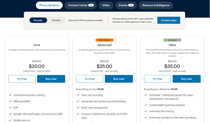 RingCentral's pricing plans