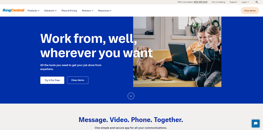 Screenshot of RingCentral remote work landing page with headline that says, "Work from, well, wherever you want"
