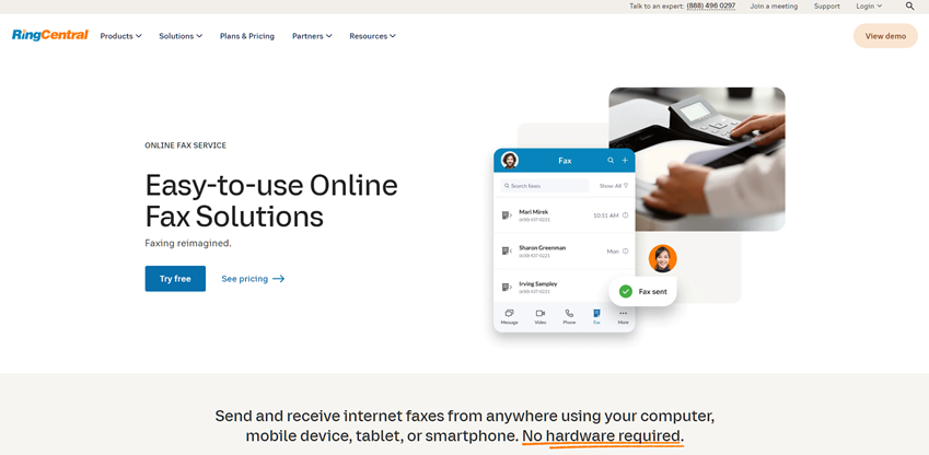 RingCentral's faxing landing page