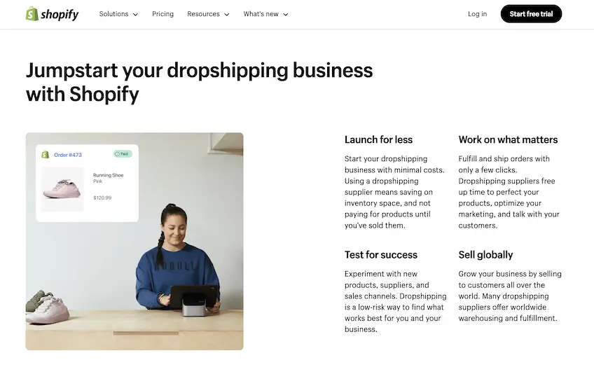 Image of a woman using a tablet and an explanation of how Shopify can help jumpstart a dropshipping business