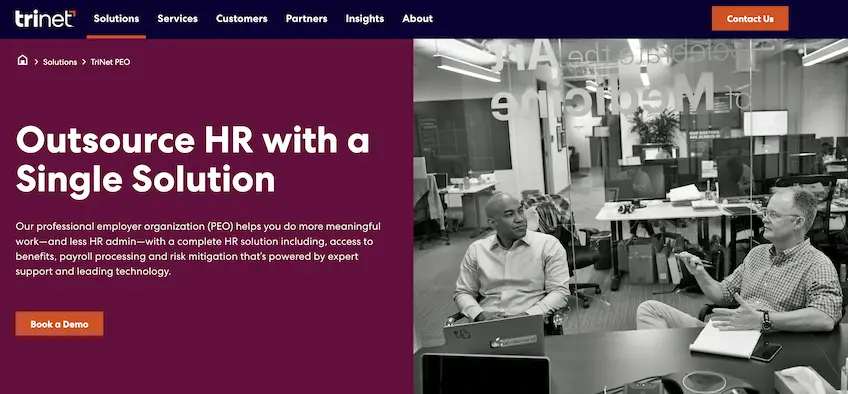 TriNet PEO landing page showing two men sitting in an office