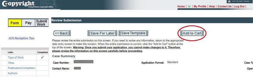 Review submission screen for registration application with a red arrow pointing to a add to cart button. 