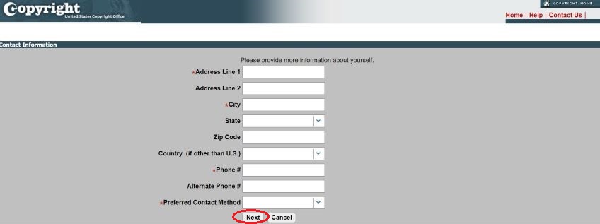 Form to fill out contact information with a red circle around the next button. 