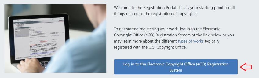 Screenshot of button to log in to the Electronic Copyright Office Registration System. 