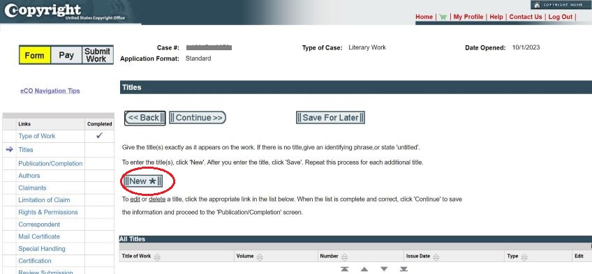 Registration application with a red circle around the New button to create a title. 