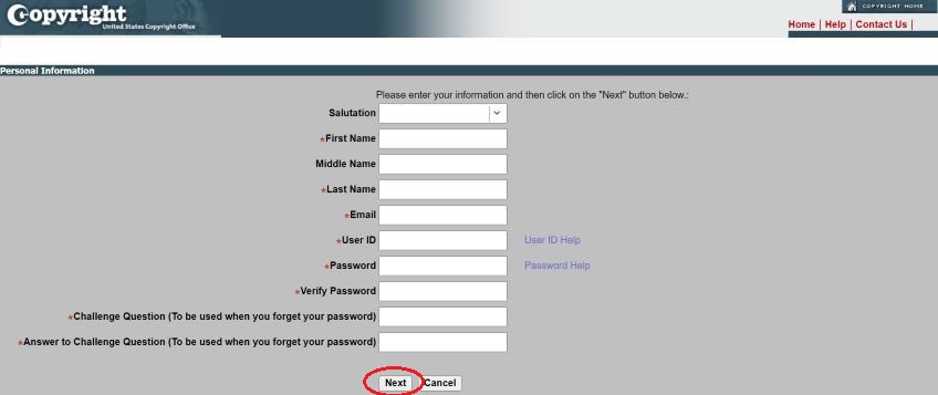 Form to fill out personal information with a red circle around the next button. 